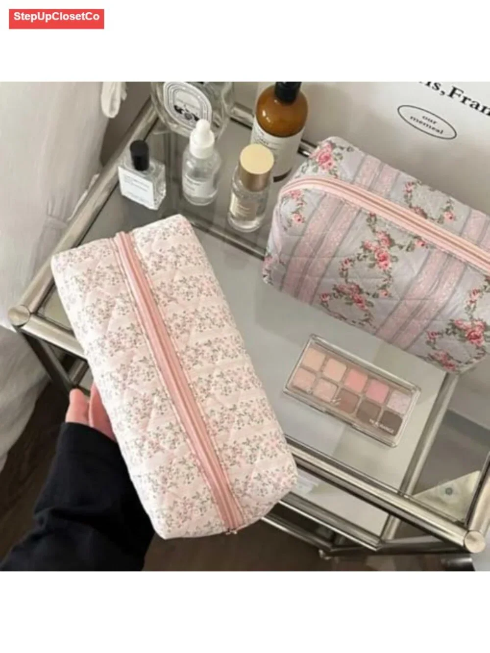 Quilted Floral Cosmetic Bag Women Travel Toiletry Makeup Organizer Portable